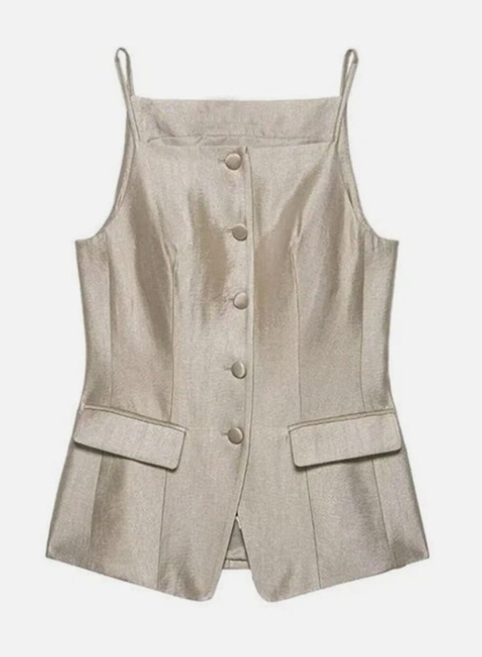 Zara Champagne Gold Metallic Tailored Vest Size M Button Front Strappy